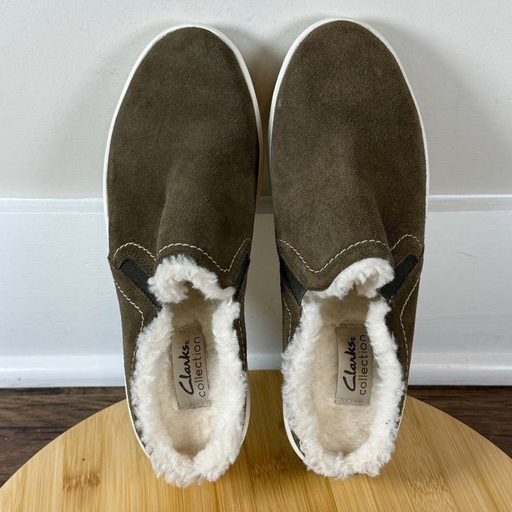 Clarks Layton Gem Mules Women 7.5 Dark Olive Suede Faux Fur Cabinlife Cozy Fall - Picture 6 of 8